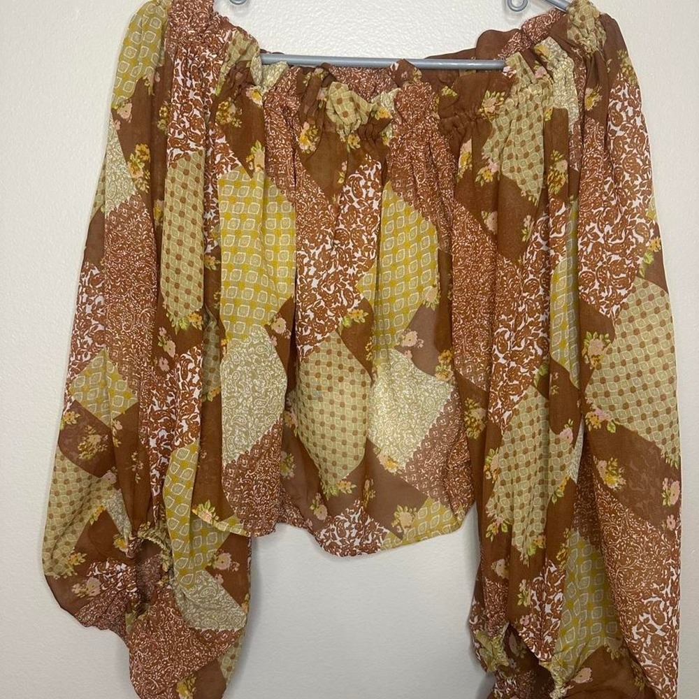 Live 4 Truth Womens Patchwork Off Shoulder Boho Blouse Brown Beige Floral M